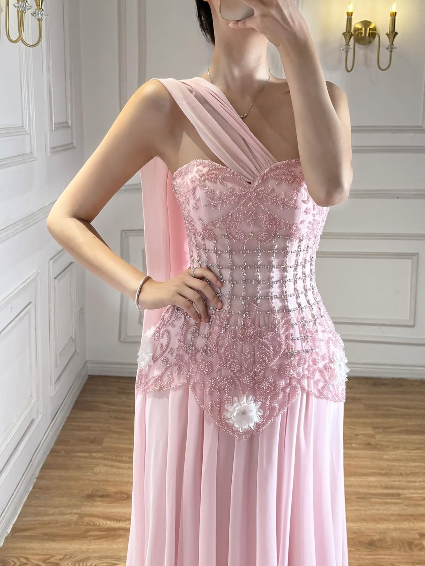 Luxury Pink Arabic Floral chiffon Evening Dress With Cape LA73451