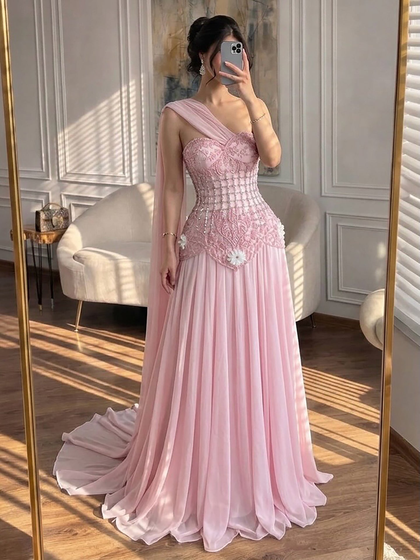 Luxury Pink Arabic Floral chiffon Evening Dress With Cape LA73451