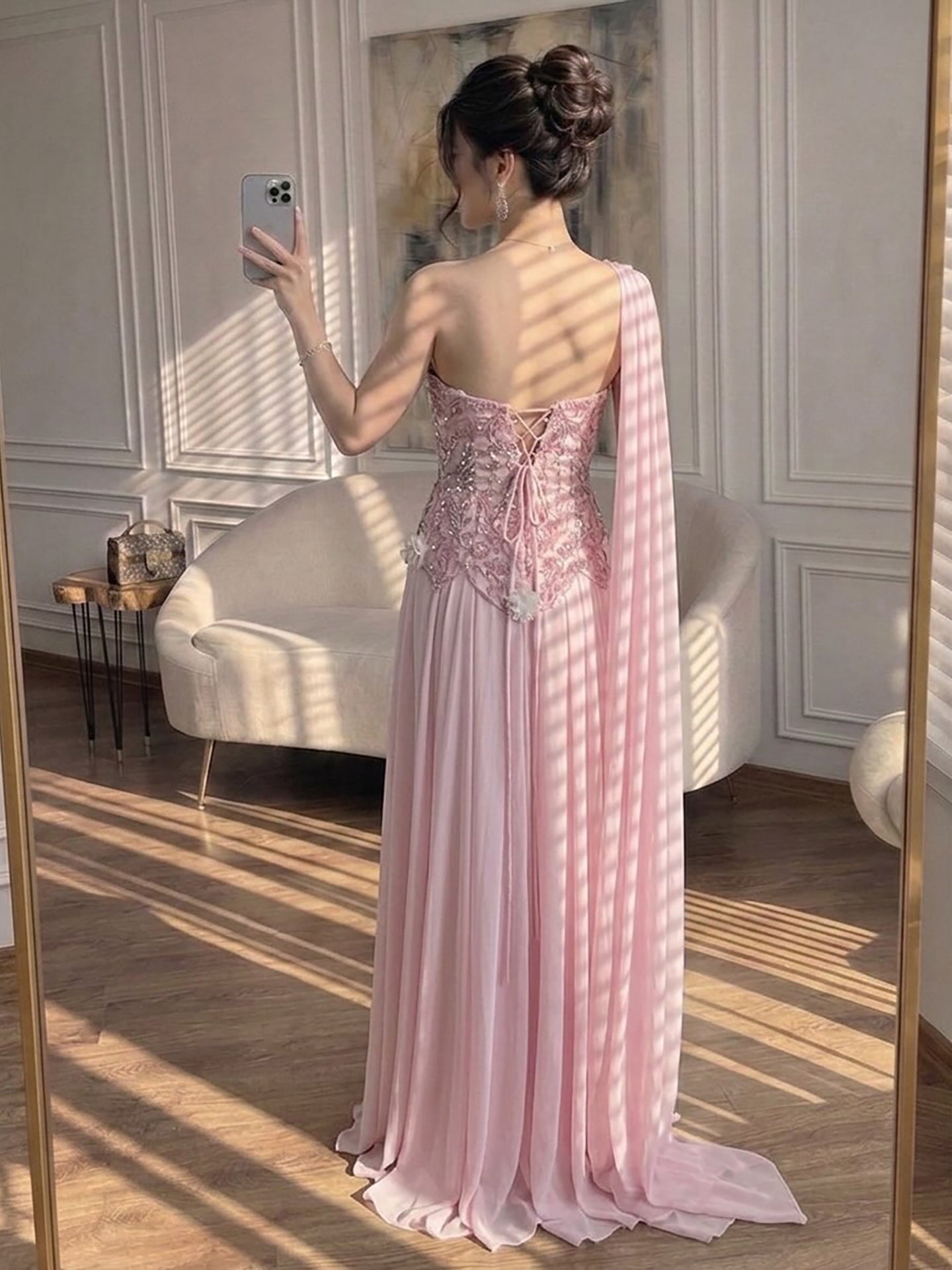 Luxury Pink Arabic Floral chiffon Evening Dress With Cape LA73451