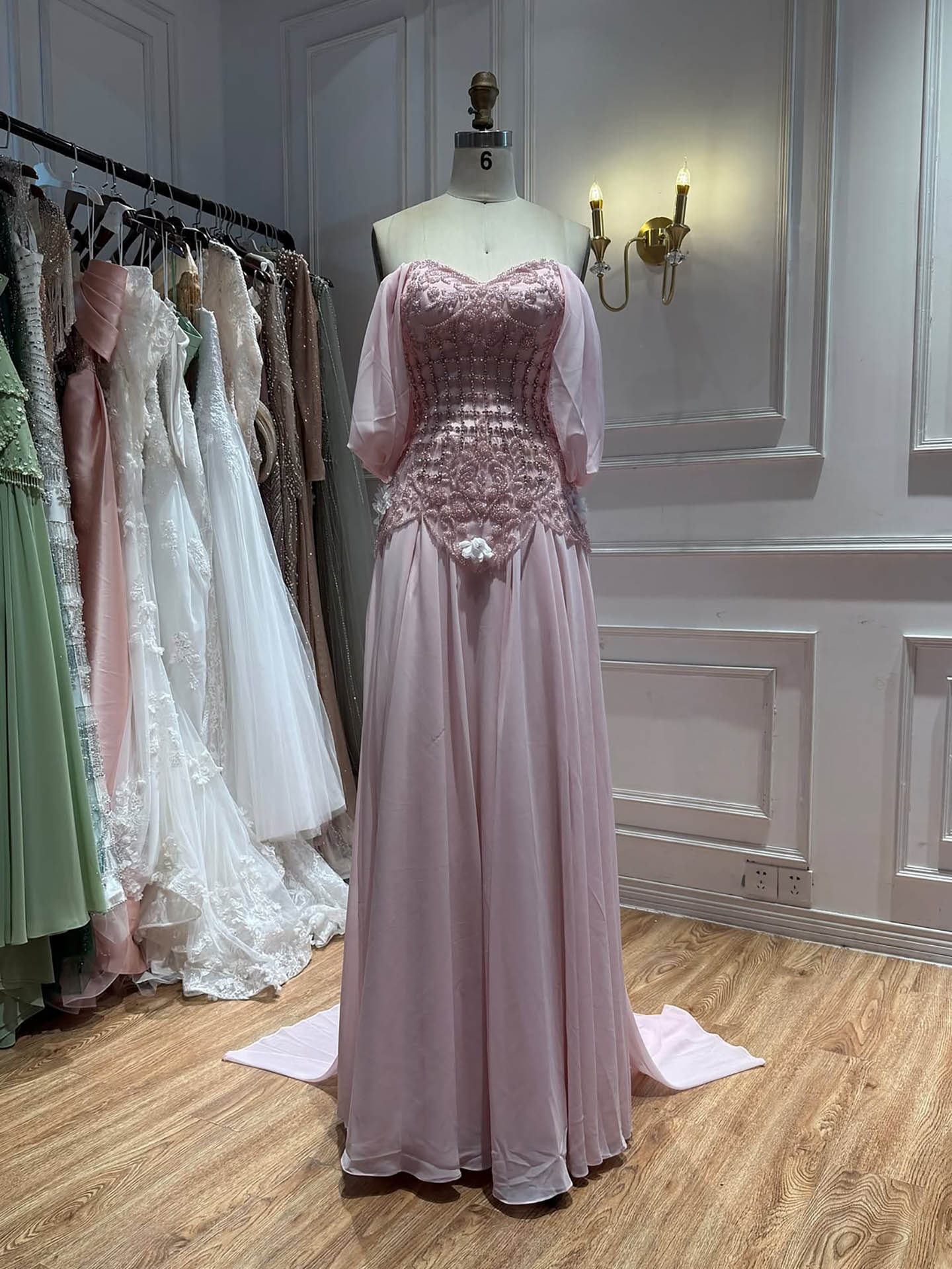 Luxury Pink Beaded Off Shoulder A Line Chiffon Evening Dress LA73451A SERENE HILL