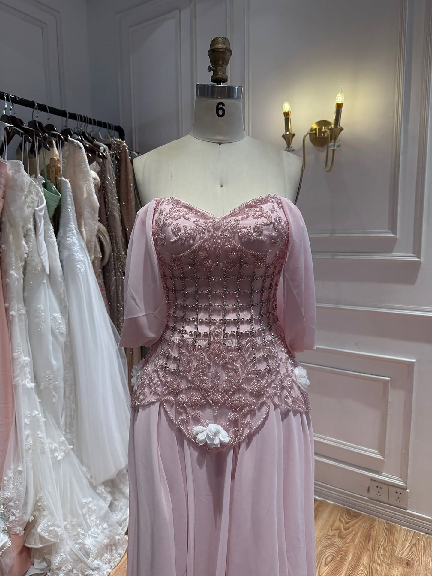 Luxury Pink Beaded Off Shoulder A Line Chiffon Evening Dress LA73451A SERENE HILL