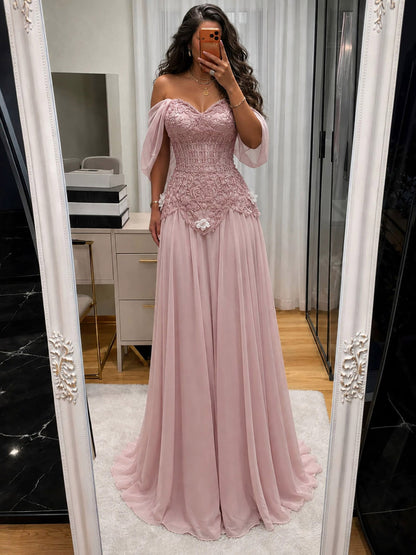 Luxury Pink Beaded Off Shoulder A Line Chiffon Evening Dress LA73451A SERENE HILL