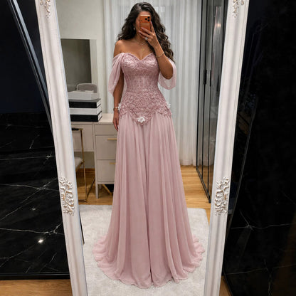 Luxury Pink Beaded Off Shoulder A Line Chiffon Evening Dress LA73451A SERENE HILL