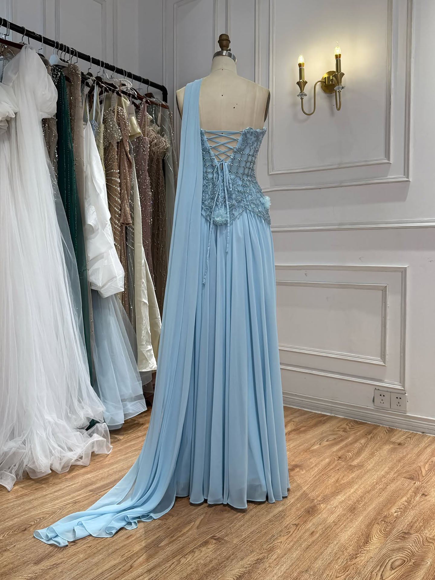 Luxury Pink Arabic Floral chiffon Evening Dress With Cape LA73451 SERENE HILL