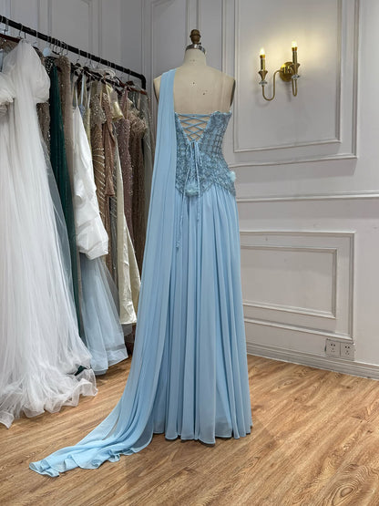 Luxury Pink Arabic Floral chiffon Evening Dress With Cape LA73451 SERENE HILL