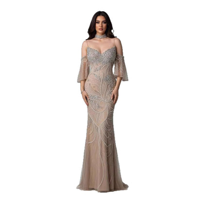 Luxury Nude Diamond Evening Dress With Sheer Sleeves LA73457