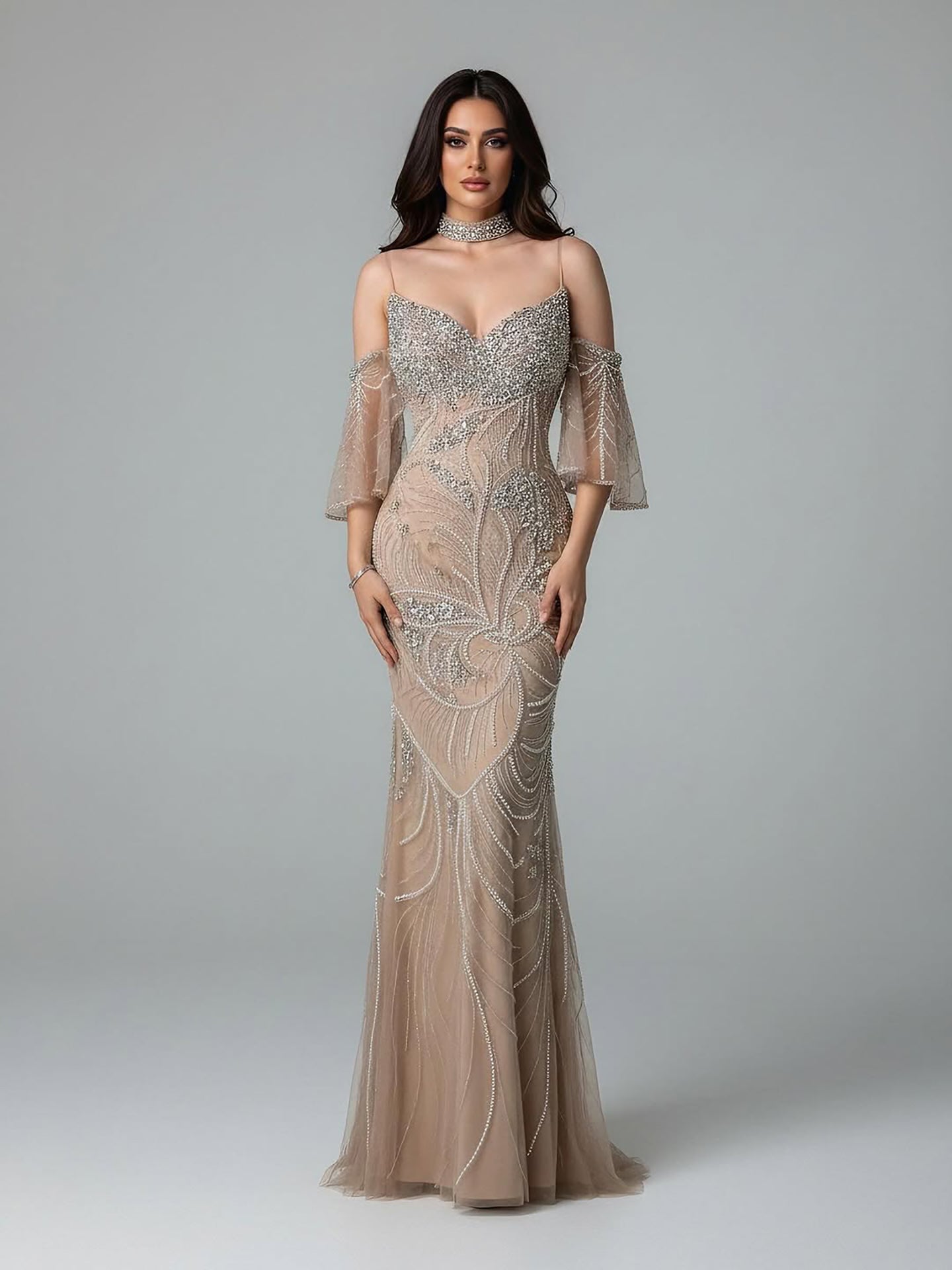 Luxury Nude Diamond Evening Dress With Sheer Sleeves LA73457