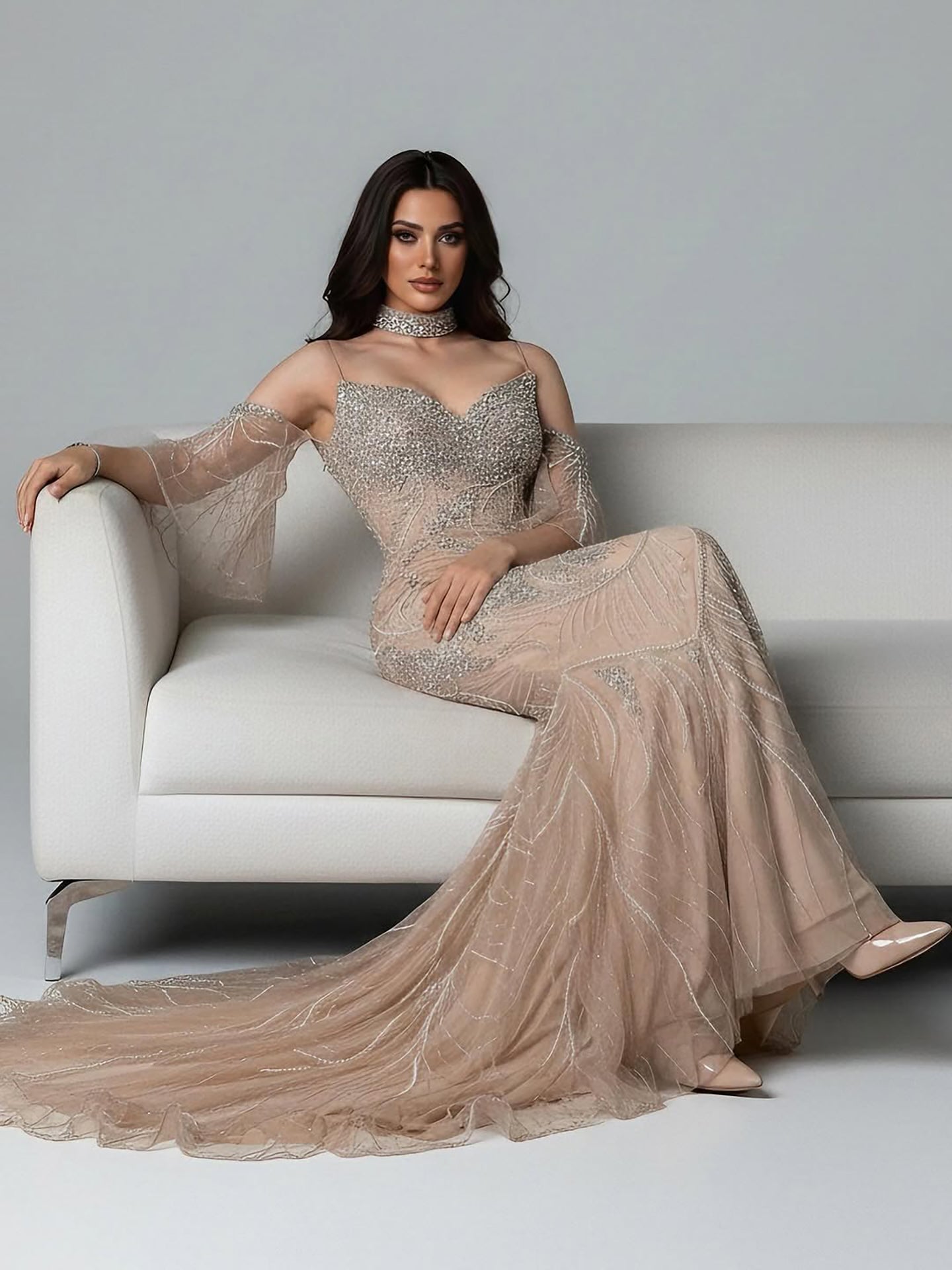 Luxury Nude Diamond Evening Dress With Sheer Sleeves LA73457