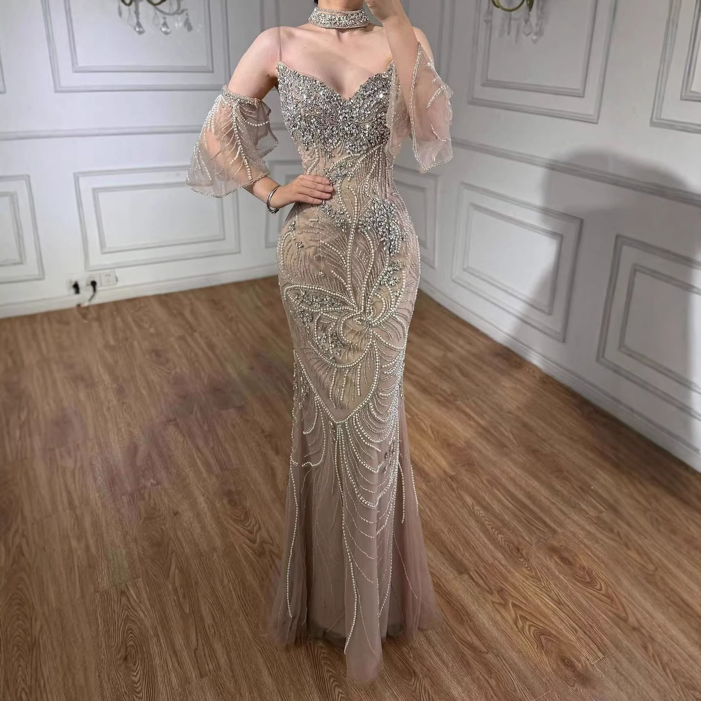 Luxury Nude Diamond Evening Dress With Sheer Sleeves LA73457 Nude / 2