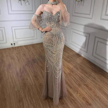 Luxury Nude Diamond Evening Dress With Sheer Sleeves LA73457