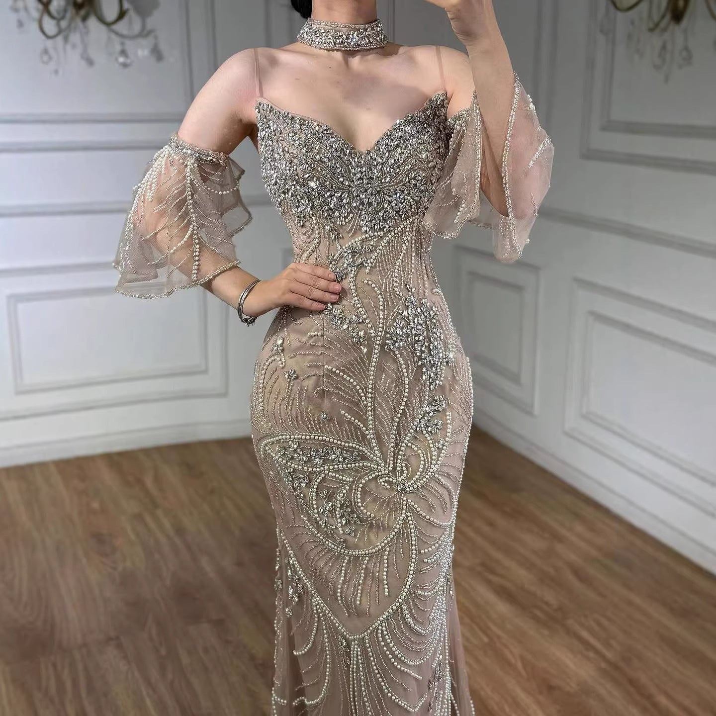 Luxury Nude Diamond Evening Dress With Sheer Sleeves LA73457