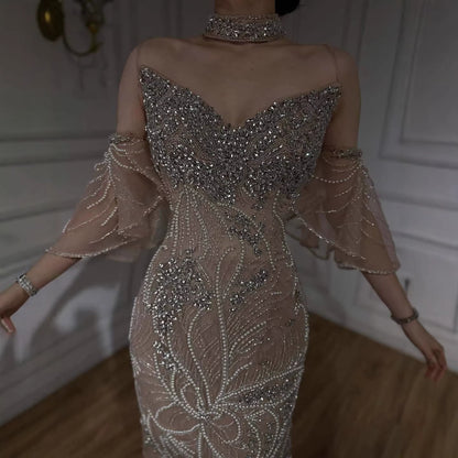 Luxury Nude Diamond Evening Dress With Sheer Sleeves LA73457