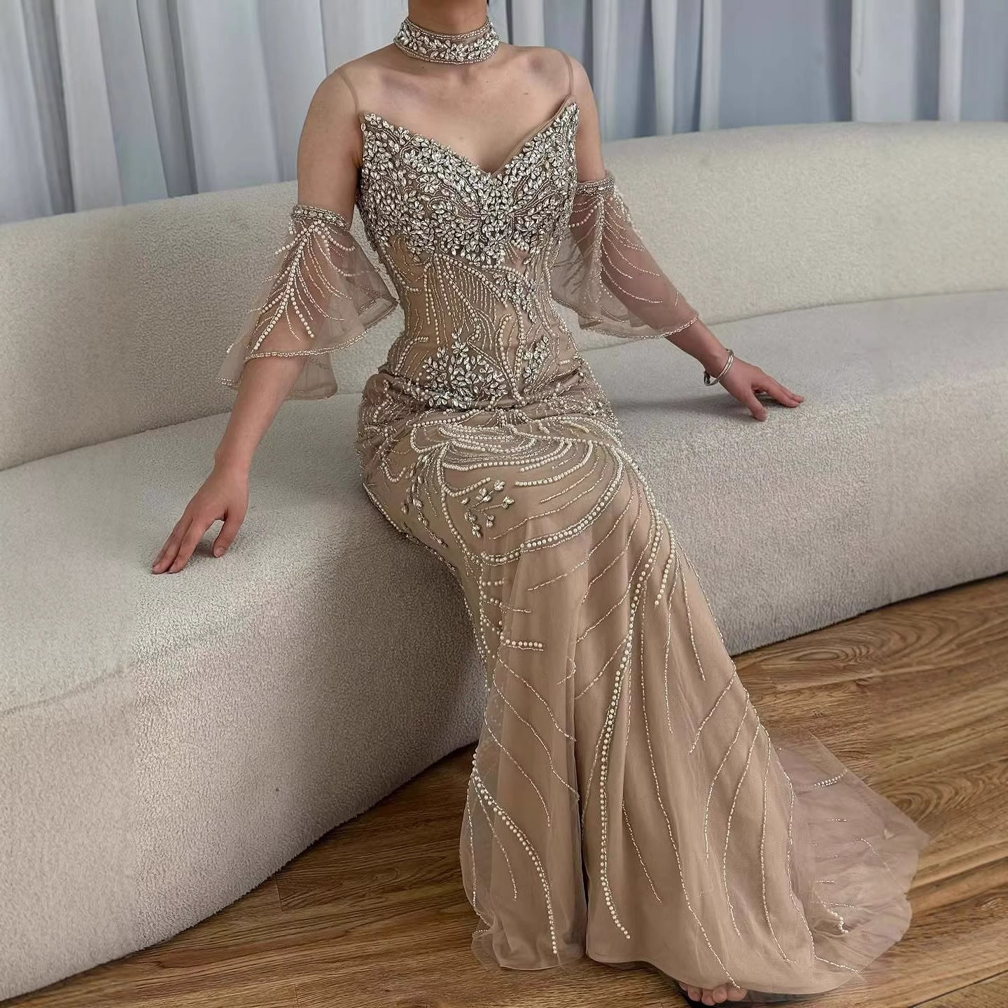 Luxury Nude Diamond Evening Dress With Sheer Sleeves LA73457