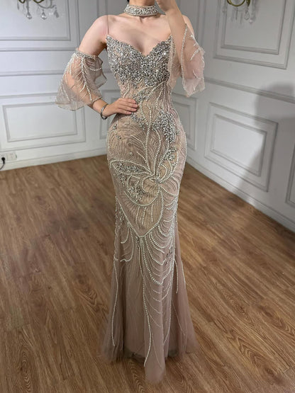 Luxury Nude Diamond Evening Dress With Sheer Sleeves LA73457