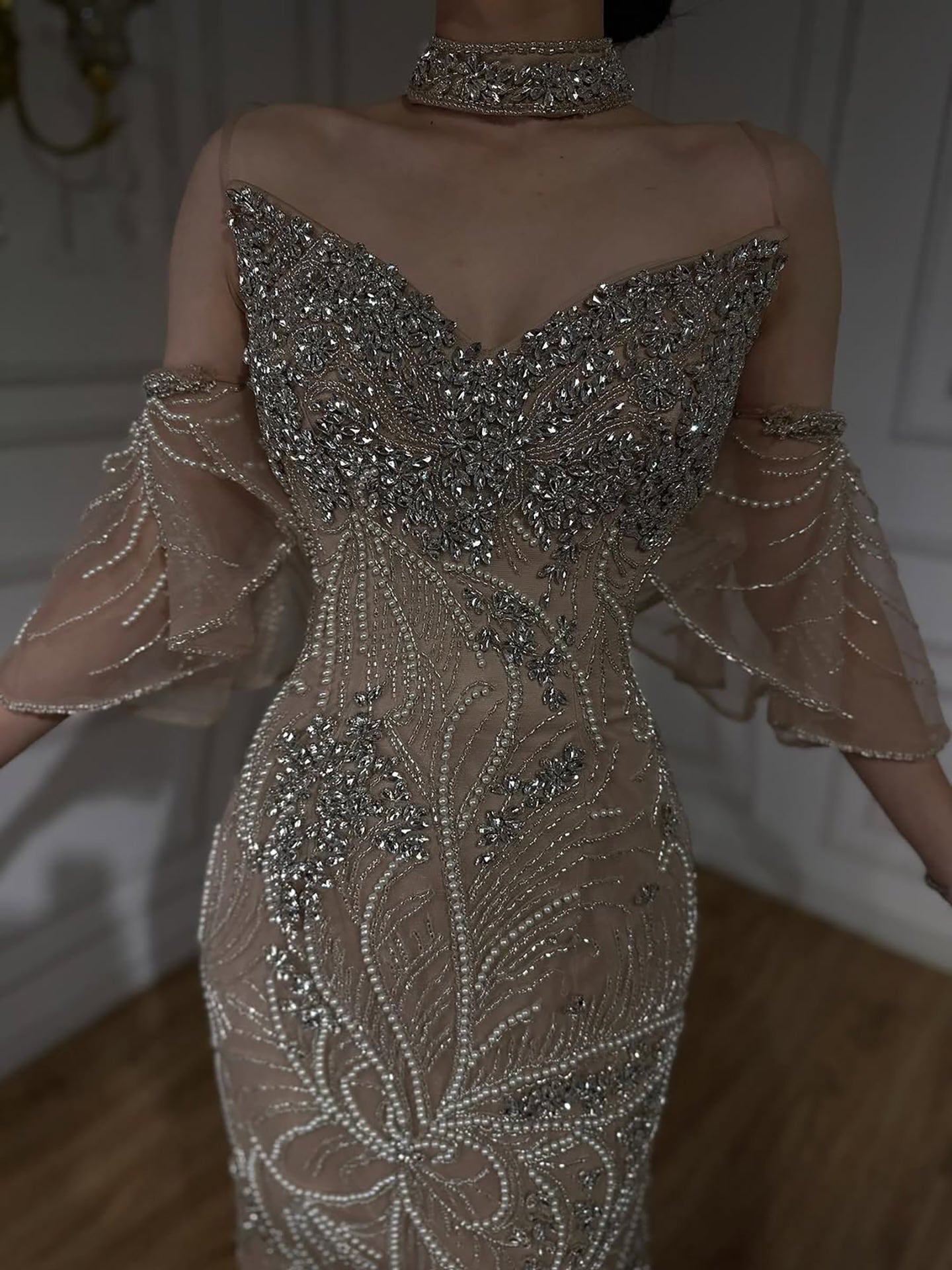 Luxury Nude Diamond Evening Dress With Sheer Sleeves LA73457