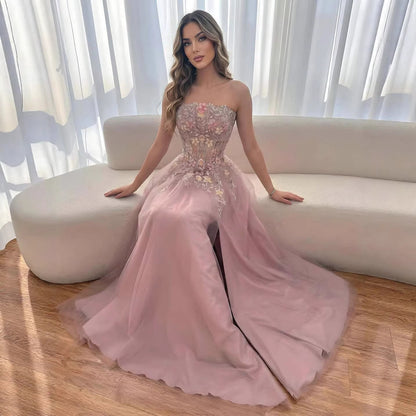 Luxury Saudi Arabic Pink Appliques Beaded Mermaid Prom Dress LA73458