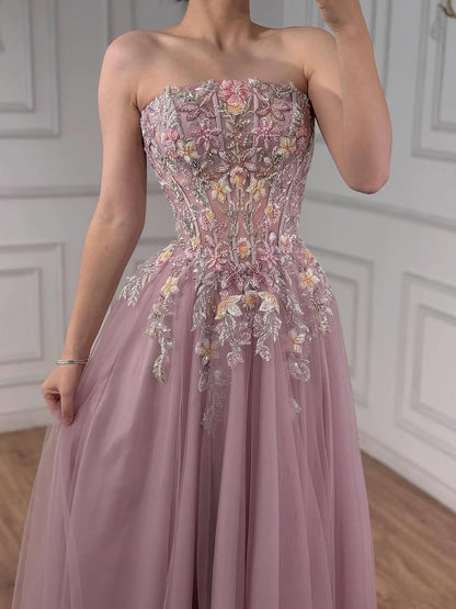 Luxury Saudi Arabic Pink Appliques Beaded Mermaid Prom Dress LA73458