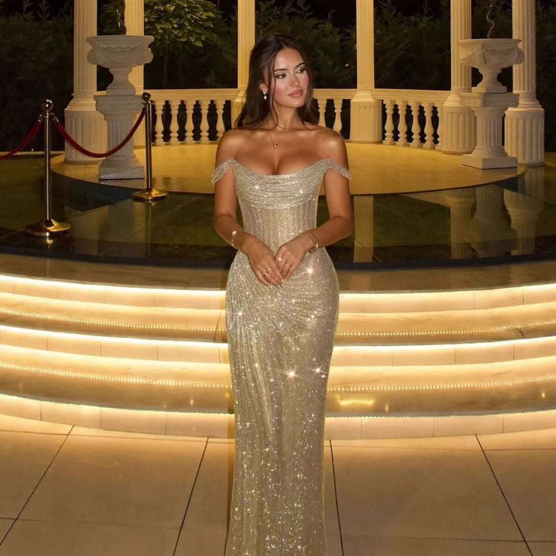 Luxury Diamond Gold Beaded Mermaid Evening Dress LA73461 Gold / 16