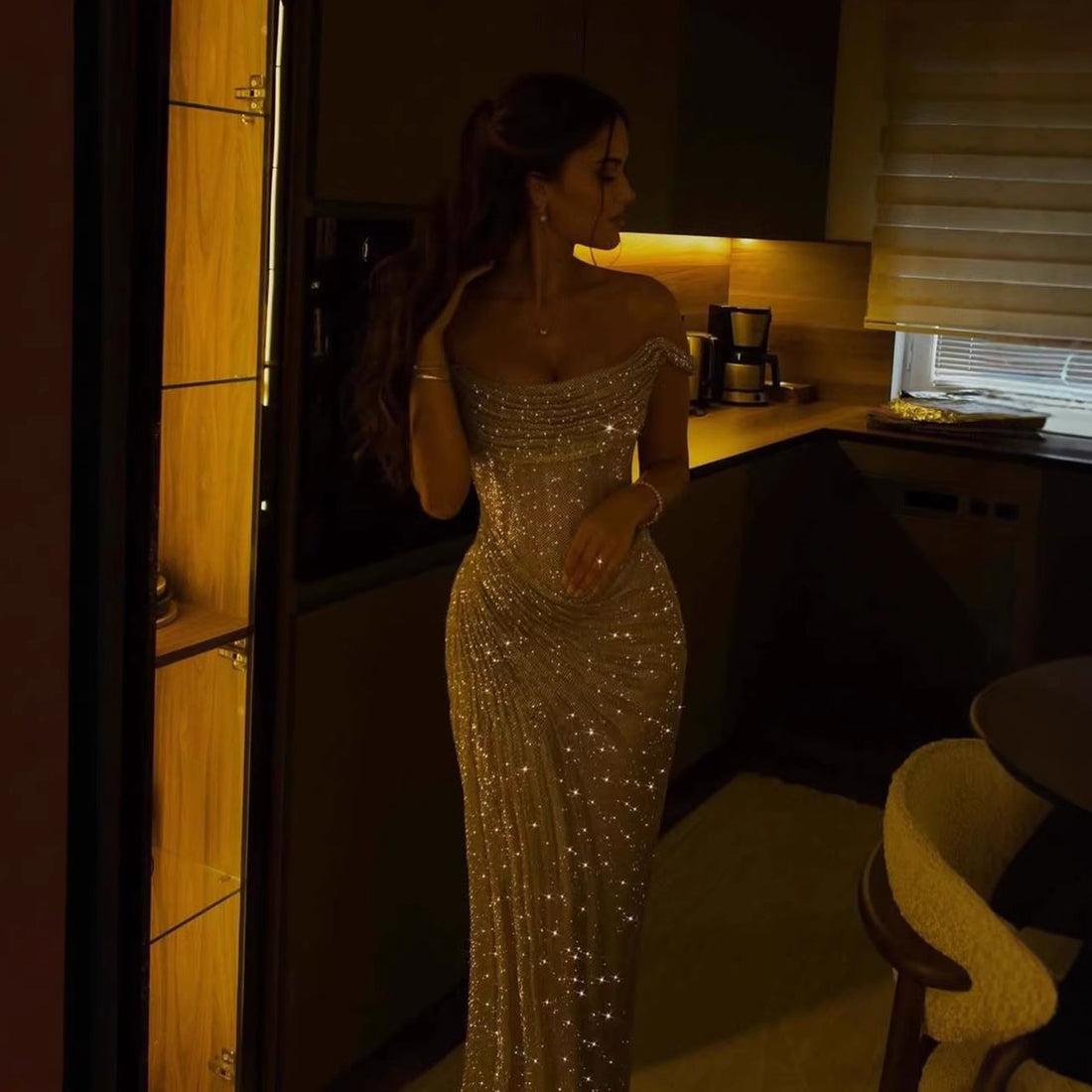 Luxury Diamond Gold Beaded Mermaid Evening Dress LA73461 - SERENE  HILL