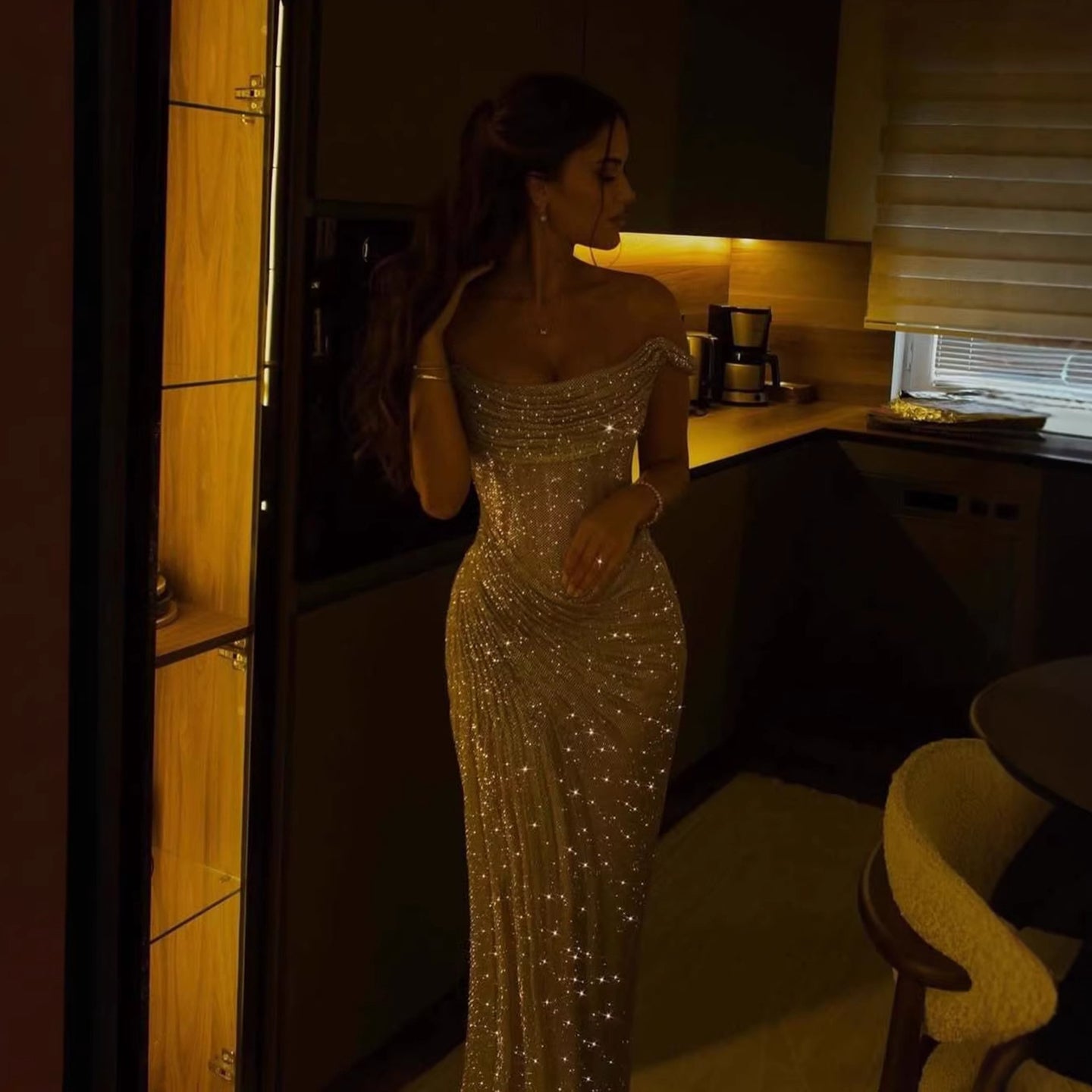Luxury Diamond Gold Beaded Mermaid Evening Dress LA73461 - SERENE  HILL