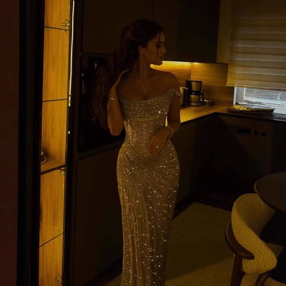 Luxury Diamond Gold Beaded Mermaid Evening Dress LA73461 - SERENE  HILL
