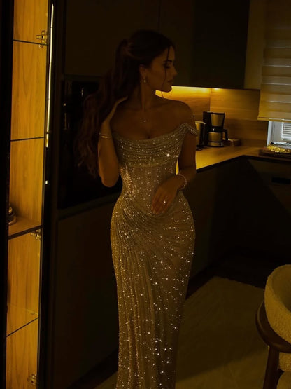 Luxury Diamond Gold Beaded Mermaid Evening Dress LA73461 - SERENE  HILL