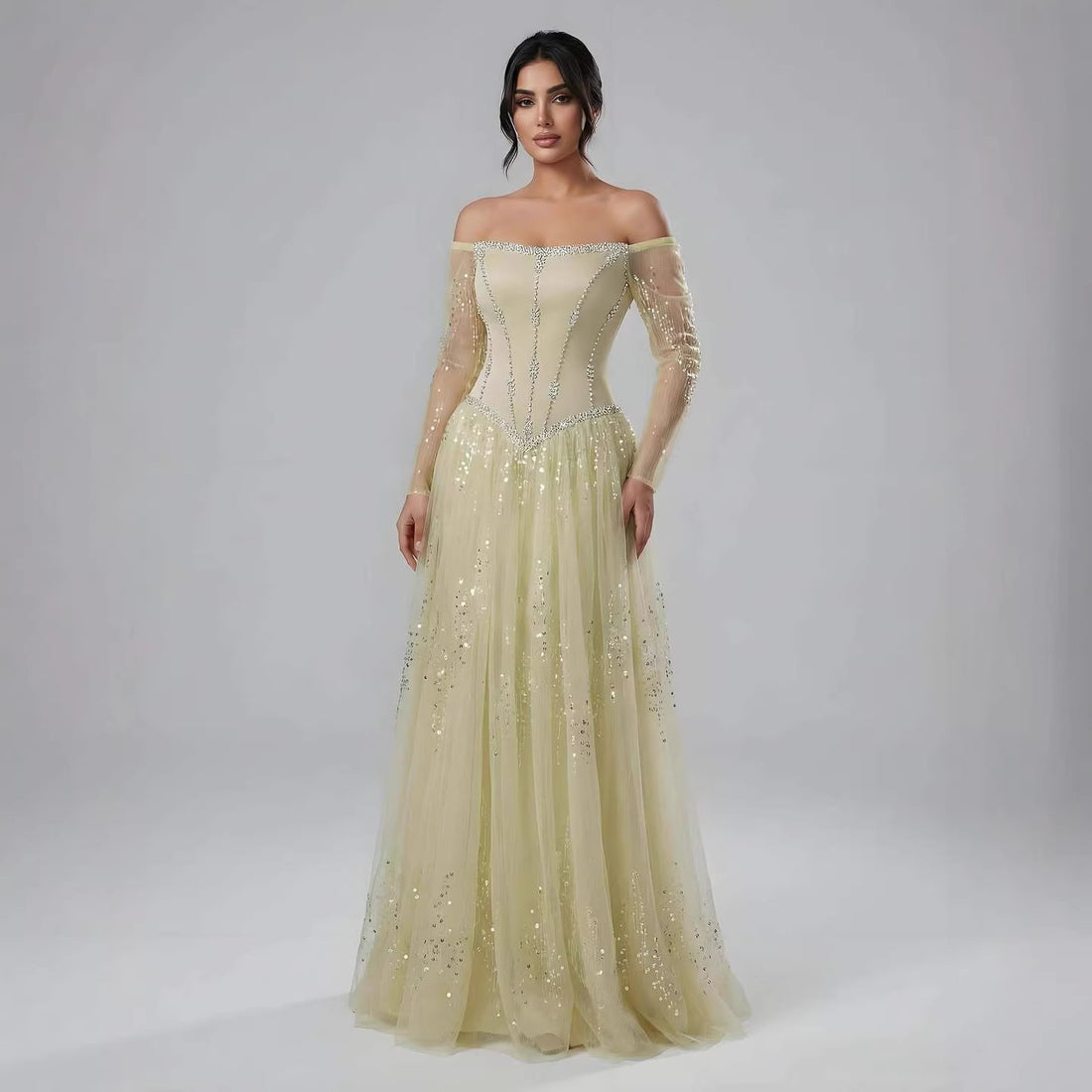 Luxury Arabic Blue Off Shoulder Beaded A-Line Evening Dress with Sleeves LA73464