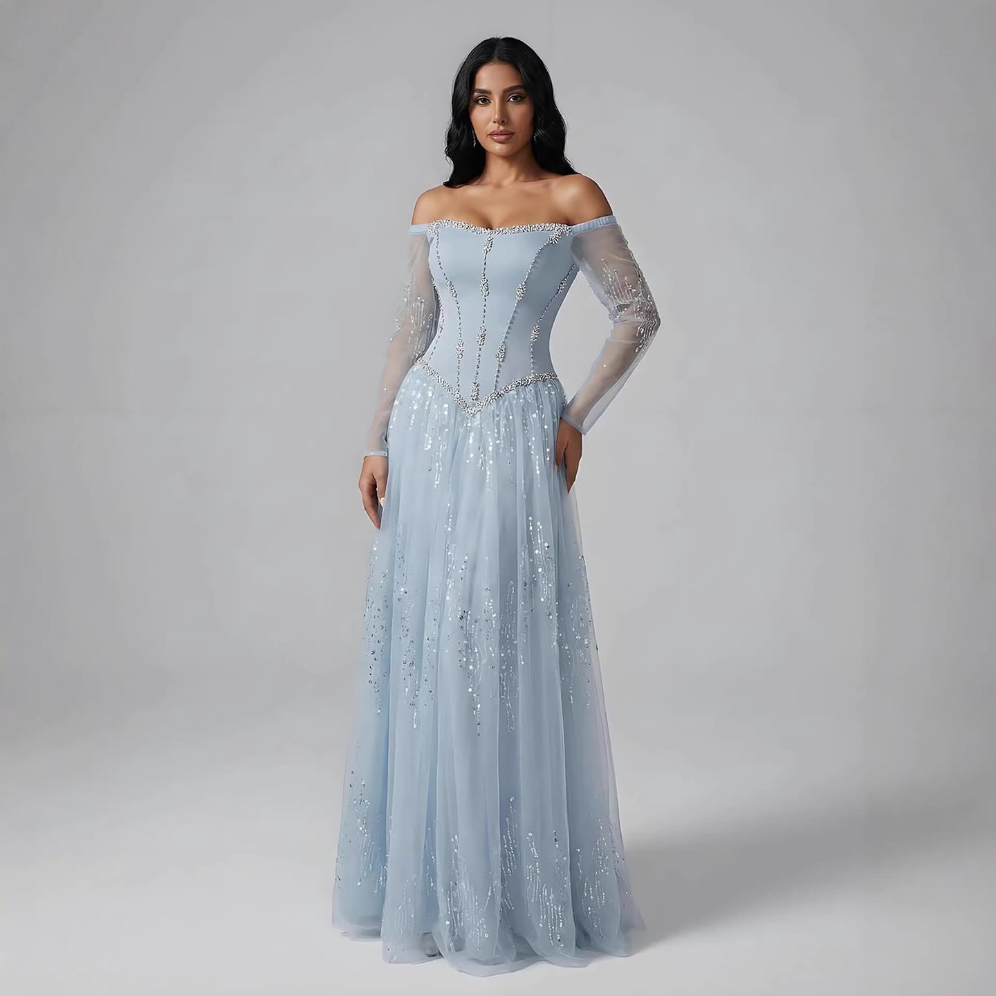 Luxury Arabic Blue Off Shoulder Beaded A-Line Evening Dress with Sleeves LA73464