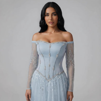 Luxury Arabic Blue Off Shoulder Beaded A-Line Evening Dress with Sleeves LA73464