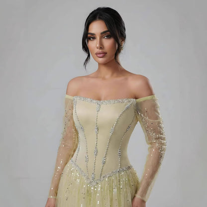 Luxury Arabic Blue Off Shoulder Beaded A-Line Evening Dress with Sleeves LA73464