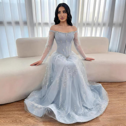 Luxury Arabic Blue Off Shoulder Beaded A-Line Evening Dress with Sleeves LA73464