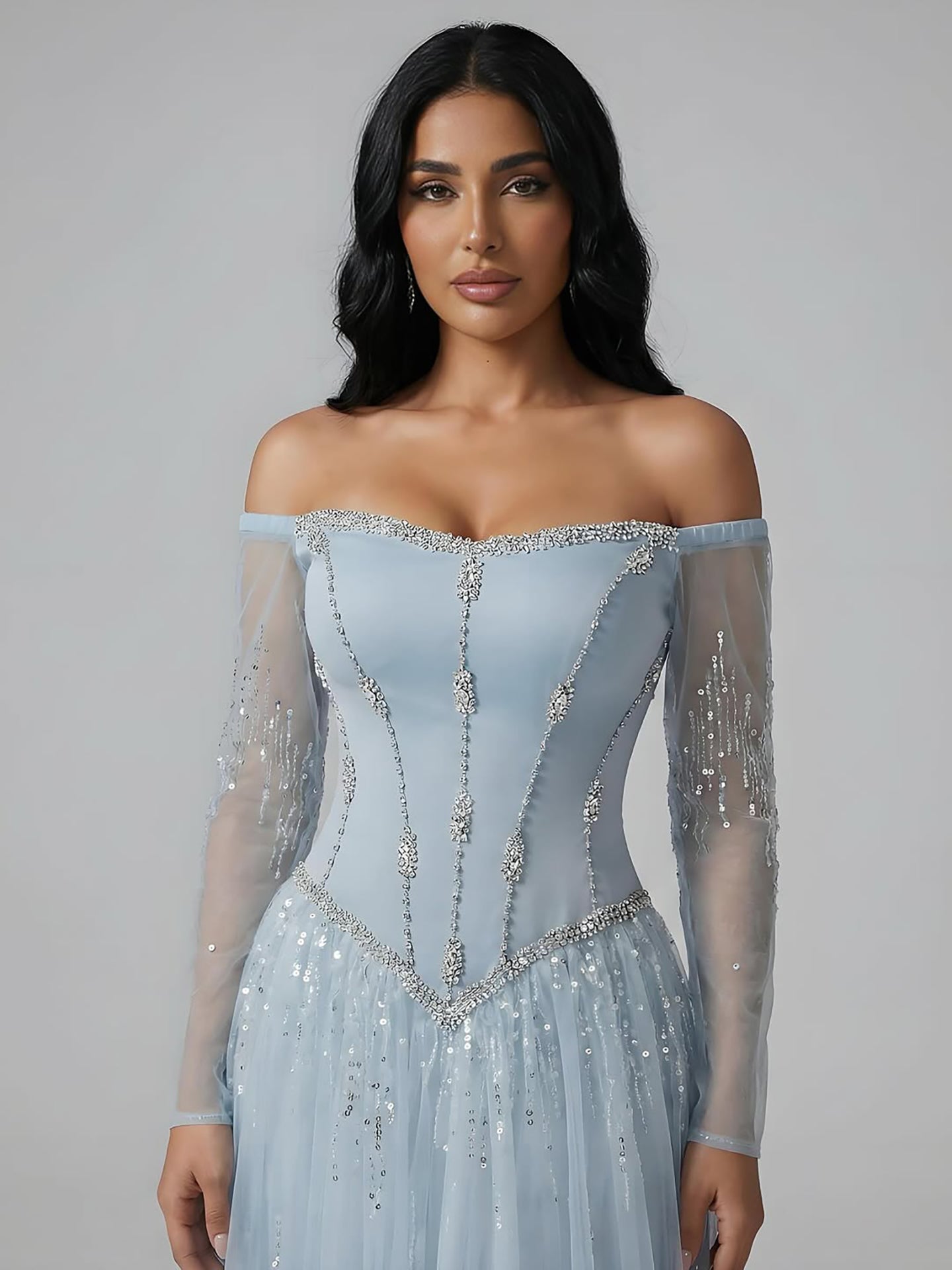 Luxury Arabic Blue Off Shoulder Beaded A-Line Evening Dress with Sleeves LA73464