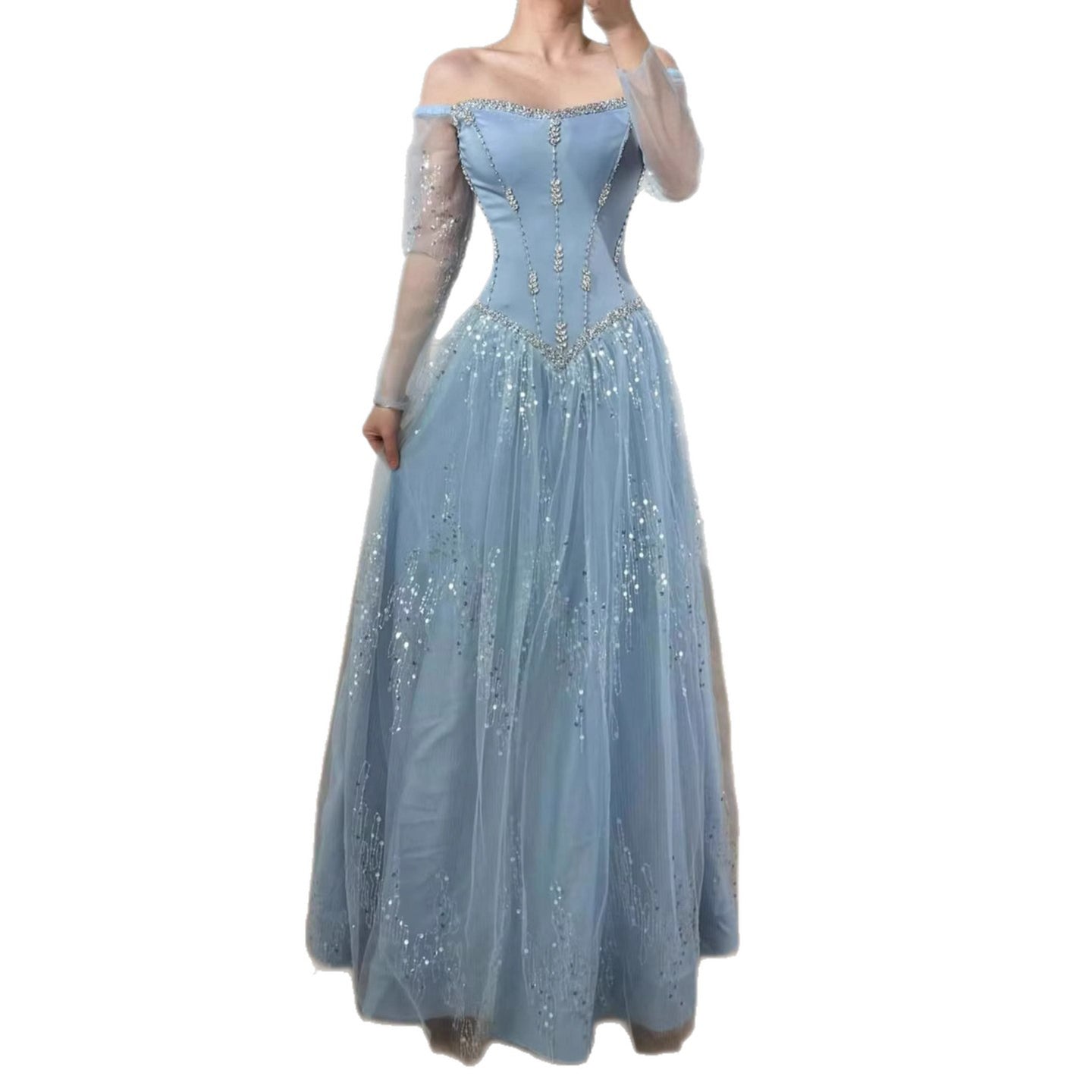 Luxury Arabic Blue Off Shoulder Beaded A-Line Evening Dress with Sleeves LA73464