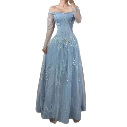 Luxury Arabic Blue Off Shoulder Beaded A-Line Evening Dress with Sleeves LA73464