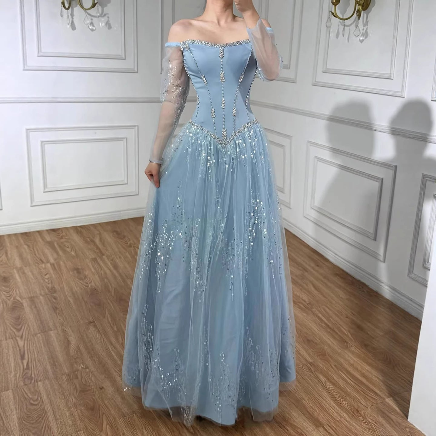 Luxury Arabic Blue Off Shoulder Beaded A-Line Evening Dress with Sleeves LA73464