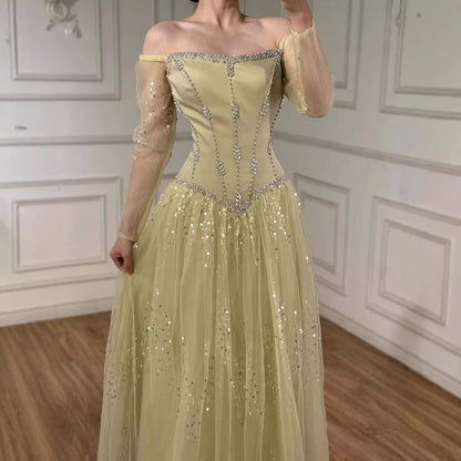 Luxury Arabic Blue Off Shoulder Beaded A-Line Evening Dress with Sleeves LA73464