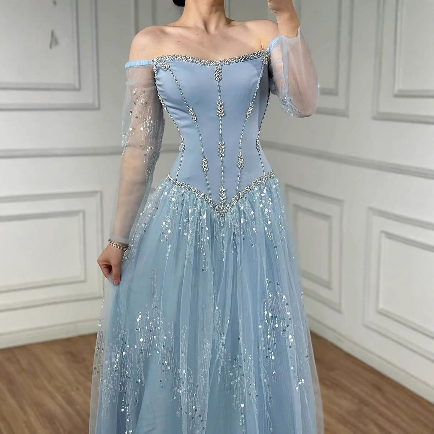 Luxury Arabic Blue Off Shoulder Beaded A-Line Evening Dress with Sleeves LA73464