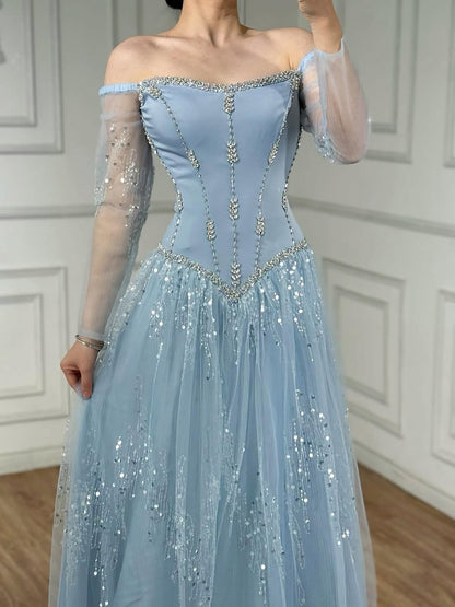 Luxury Arabic Blue Off Shoulder Beaded A-Line Evening Dress with Sleeves LA73464