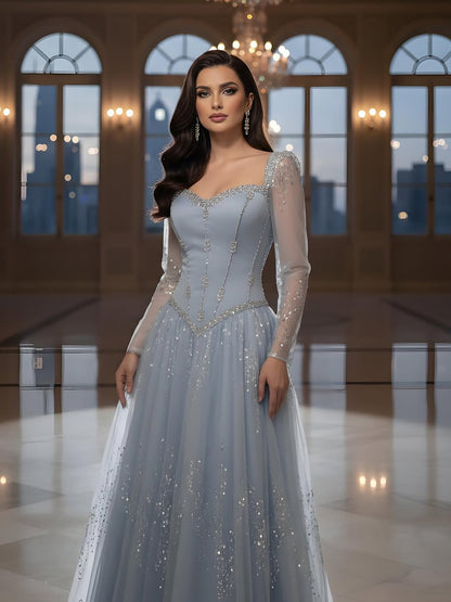 Luxury Blue Crystal Beaded A Line Evening Dress With Long Sleeves LA73464A - SERENE  HILL