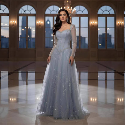 Luxury Blue Crystal Beaded A Line Evening Dress With Long Sleeves LA73464A - SERENE  HILL