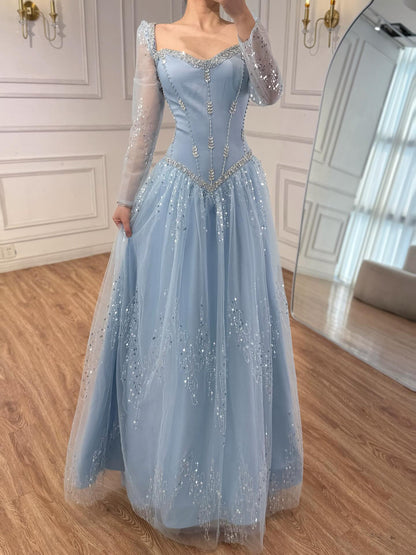 Luxury Blue Crystal Beaded A Line Evening Dress With Long Sleeves LA73464A - SERENE  HILL