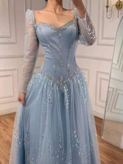 Luxury Blue Crystal Beaded A Line Evening Dress With Long Sleeves LA73464A - SERENE  HILL