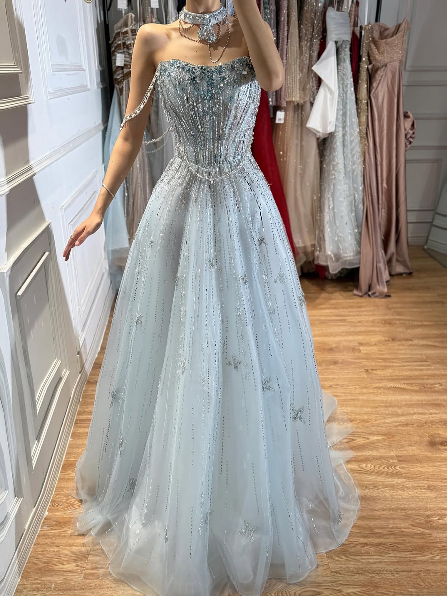 Luxury Lilac Beaded Off Shoulder A Line Evening Dress LA73465 SERENE HILL