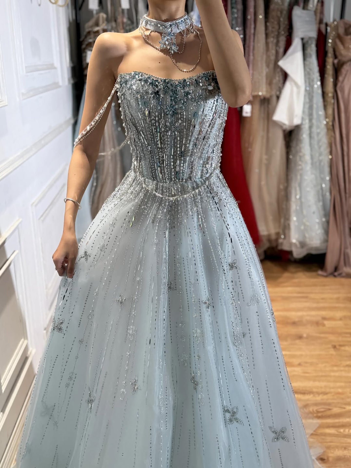 Luxury Lilac Beaded Off Shoulder A Line Evening Dress LA73465 SERENE HILL