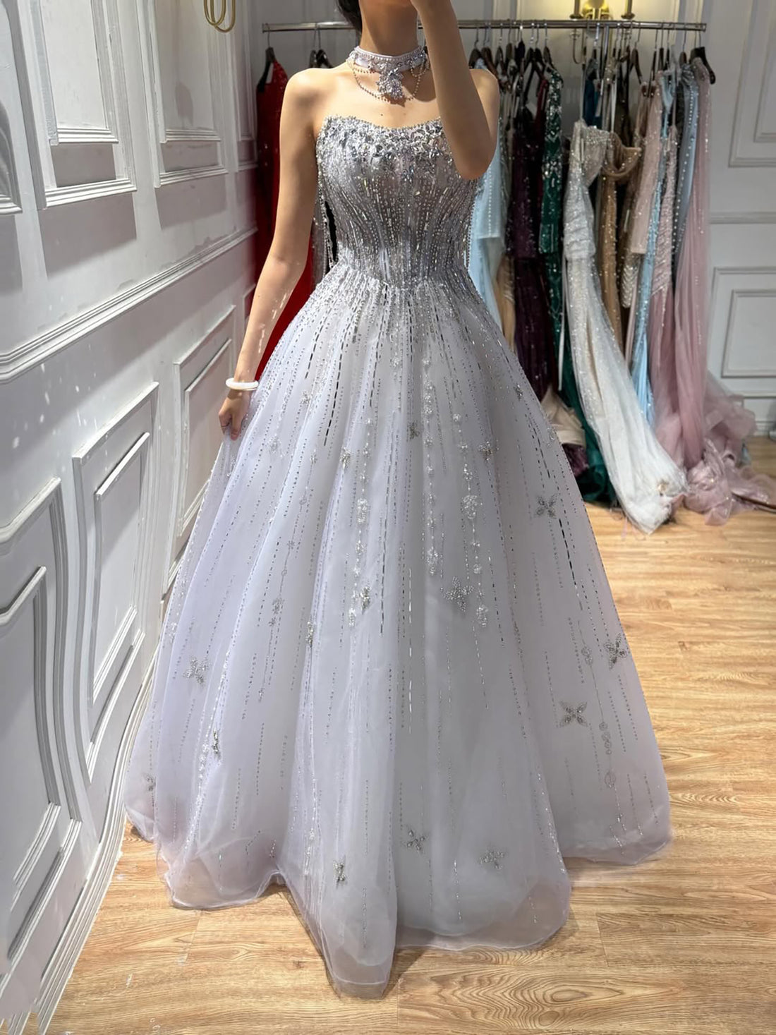 Luxury Lilac Beaded Off Shoulder A Line Evening Dress LA73465 SERENE HILL
