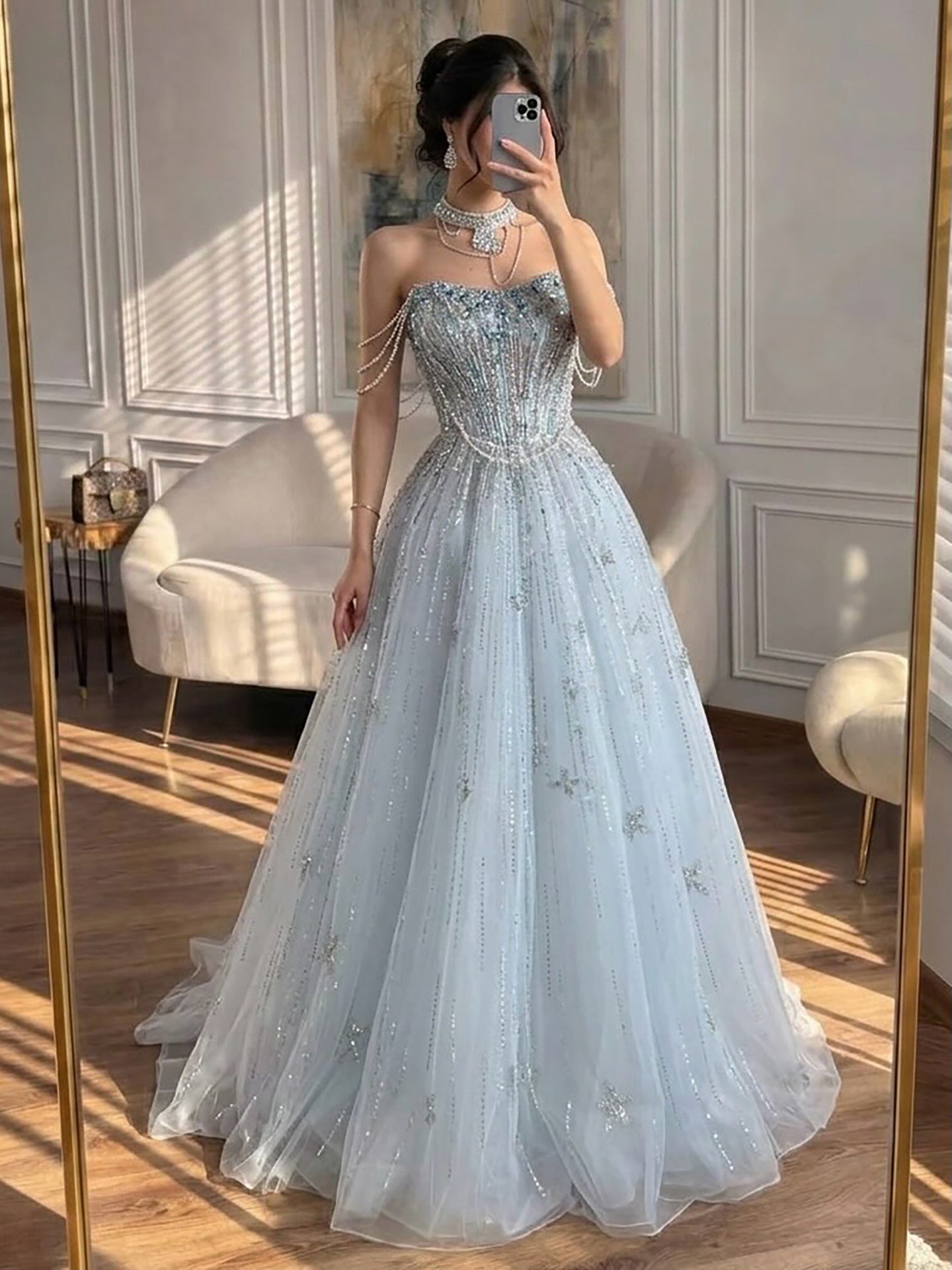 Luxury Lilac Beaded Off Shoulder A Line Evening Dress LA73465 blue / 14