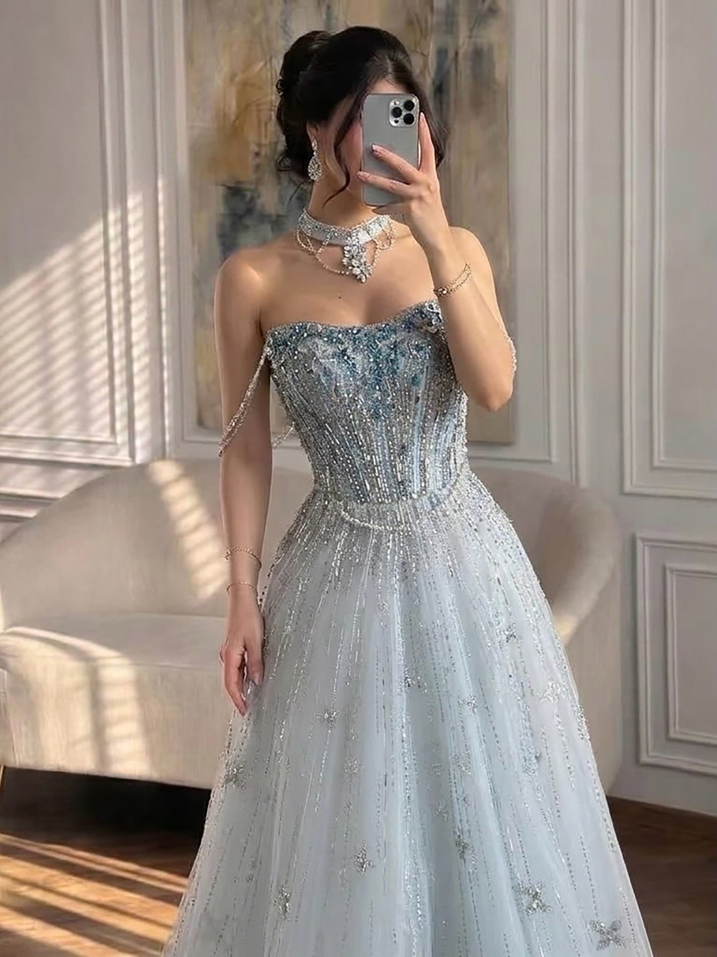 Luxury Lilac Beaded Off Shoulder A Line Evening Dress LA73465 SERENE HILL