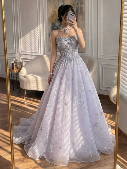 Luxury Lilac Beaded Off Shoulder A Line Evening Dress LA73465 SERENE HILL
