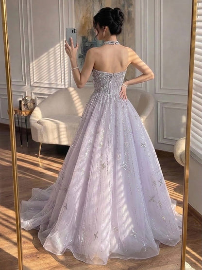 Luxury Lilac Beaded Off Shoulder A Line Evening Dress LA73465 SERENE HILL