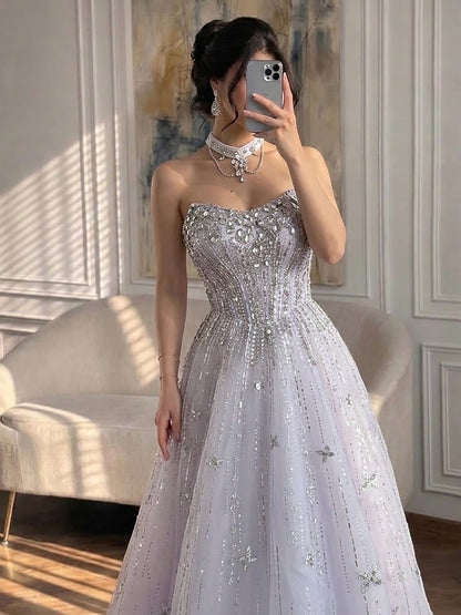 Luxury Lilac Beaded Off Shoulder A Line Evening Dress LA73465 SERENE HILL